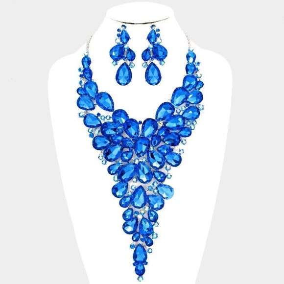 Blue Crystal Teardrop Cluster Necklace Set NWT - Stunning! - Picture 1 of 6